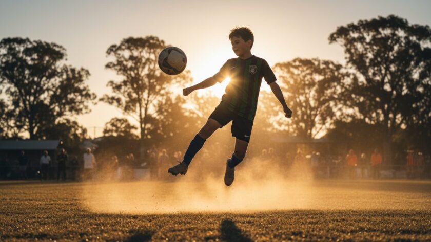 A professional photograph capturing the intense, dynamic moment of a young athlete scoring a goal on a sunny Moe sports field, showcasing the power and emotion characteristic of Moe junior sports photography dynamic moments.