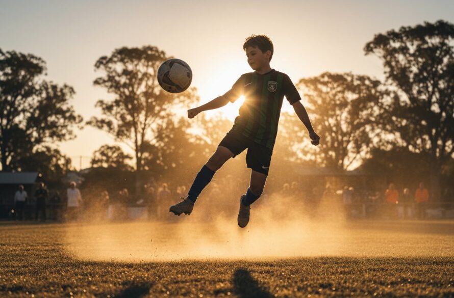 A professional photograph capturing the intense, dynamic moment of a young athlete scoring a goal on a sunny Moe sports field, showcasing the power and emotion characteristic of Moe junior sports photography dynamic moments.