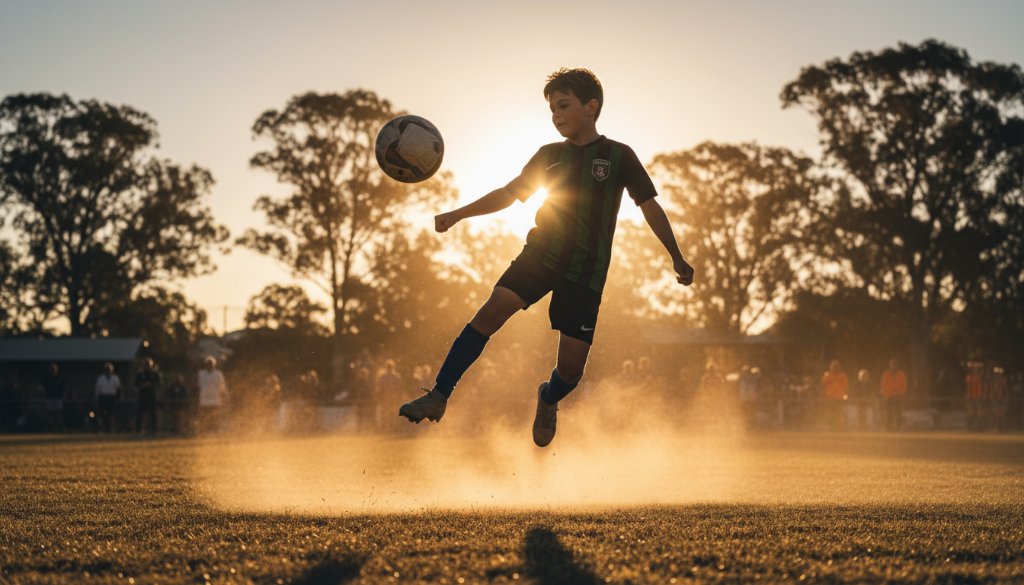 A professional photograph capturing the intense, dynamic moment of a young athlete scoring a goal on a sunny Moe sports field, showcasing the power and emotion characteristic of Moe junior sports photography dynamic moments.