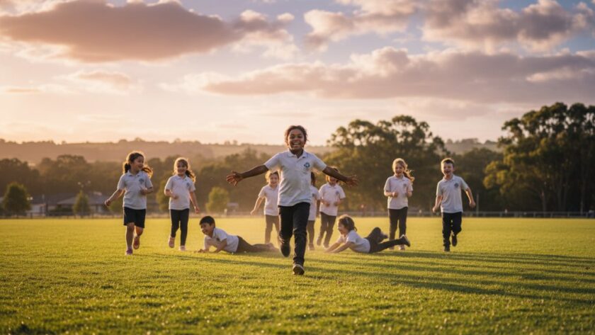 Dynamic, high-contrast photograph showcasing Moe school photography authentic student moments, featuring a diverse group of primary school children laughing spontaneously during an outdoor activity in a sun-drenched playground, with lush Moe greenery in the background, captured with dramatic, golden hour lighting and professional colour grading.