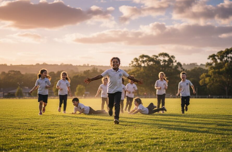 Dynamic, high-contrast photograph showcasing Moe school photography authentic student moments, featuring a diverse group of primary school children laughing spontaneously during an outdoor activity in a sun-drenched playground, with lush Moe greenery in the background, captured with dramatic, golden hour lighting and professional colour grading.