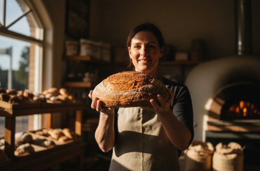An inspiring wide-angle shot capturing the essence of Moe Victoria bespoke commercial photography, featuring a local artisanal baker proudly presenting their fresh bread loaves in a warmly lit bakery, with a sense of genuine connection and professional excellence, perfect for promoting their brand.