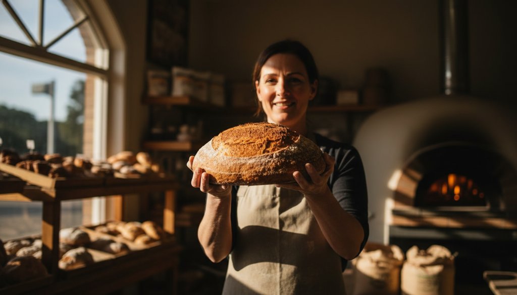 An inspiring wide-angle shot capturing the essence of Moe Victoria bespoke commercial photography, featuring a local artisanal baker proudly presenting their fresh bread loaves in a warmly lit bakery, with a sense of genuine connection and professional excellence, perfect for promoting their brand.