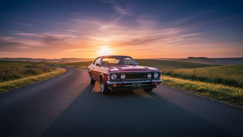 A meticulously restored vintage Holden Monaro, gleaming under the golden hour light, parked on a winding scenic road near Moe, Victoria, captured with dramatic flair and professional colour grading, highlighting the timeless beauty of Moe Victoria Classic Car Photography Scenic Roads.