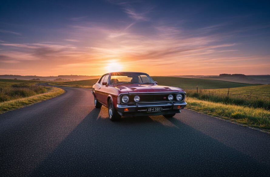 A meticulously restored vintage Holden Monaro, gleaming under the golden hour light, parked on a winding scenic road near Moe, Victoria, captured with dramatic flair and professional colour grading, highlighting the timeless beauty of Moe Victoria Classic Car Photography Scenic Roads.