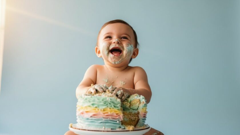 An ecstatic baby, covered in cake, laughing joyfully during a Moe Victoria creative cake smash photoshoot, captured with dramatic lighting and vibrant colours, showcasing a professional 'epic moment' style photograph.
