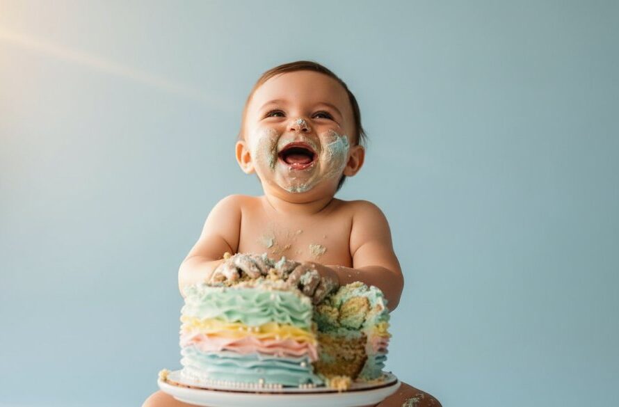 An ecstatic baby, covered in cake, laughing joyfully during a Moe Victoria creative cake smash photoshoot, captured with dramatic lighting and vibrant colours, showcasing a professional 'epic moment' style photograph.