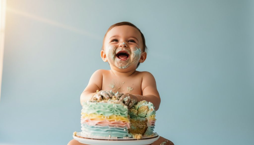 An ecstatic baby, covered in cake, laughing joyfully during a Moe Victoria creative cake smash photoshoot, captured with dramatic lighting and vibrant colours, showcasing a professional 'epic moment' style photograph.