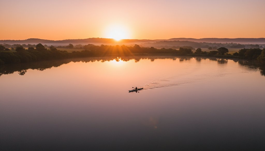 An epic moment captured by Moe Victoria drone photography elevated perspectives, showing the sunrise over Lake Narracan with a lone kayaker, dramatic light, and lush green surrounds.