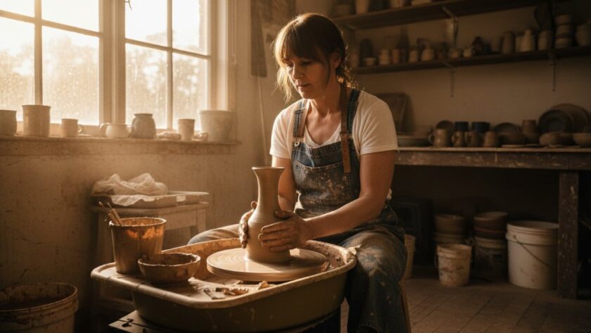 A powerful editorial photograph capturing a local Moe artisan passionately working on their craft in a workshop, dramatic natural light highlighting their focused expression and hands, showcasing the essence of Moe Victoria Editorial Photography for Local Storytelling.