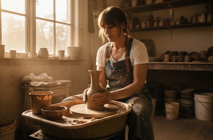 A powerful editorial photograph capturing a local Moe artisan passionately working on their craft in a workshop, dramatic natural light highlighting their focused expression and hands, showcasing the essence of Moe Victoria Editorial Photography for Local Storytelling.