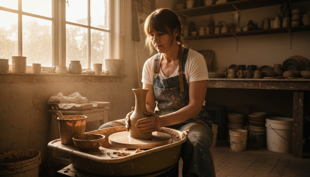 A powerful editorial photograph capturing a local Moe artisan passionately working on their craft in a workshop, dramatic natural light highlighting their focused expression and hands, showcasing the essence of Moe Victoria Editorial Photography for Local Storytelling.