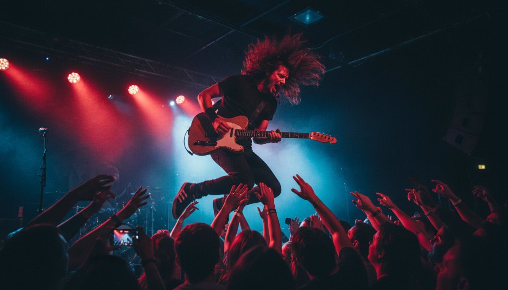 An electrifying wide-angle shot of a lead guitarist mid-shred under dramatic stage lights at a vibrant Moe Victoria electrifying live music photography event, capturing the energy of the crowd and dynamic motion.