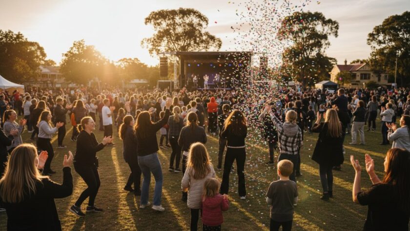 A candid, 'epic moment' photograph of people laughing and cheering at a vibrant community festival in Moe, Victoria, expertly captured, showcasing the joy of Moe Victoria Event Photography Capturing Authentic Moments.