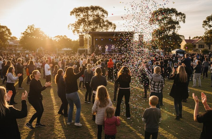 A candid, 'epic moment' photograph of people laughing and cheering at a vibrant community festival in Moe, Victoria, expertly captured, showcasing the joy of Moe Victoria Event Photography Capturing Authentic Moments.