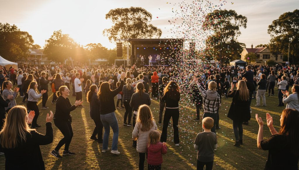 A candid, 'epic moment' photograph of people laughing and cheering at a vibrant community festival in Moe, Victoria, expertly captured, showcasing the joy of Moe Victoria Event Photography Capturing Authentic Moments.