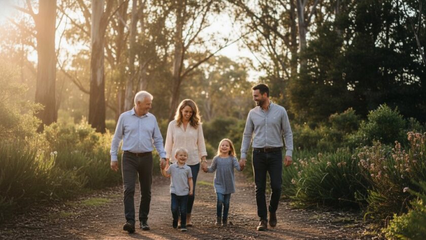 An epic moment of a multi-generational family, bathed in warm golden hour light, laughing genuinely together in a scenic Moe park, showcasing Moe Victoria family photography capturing genuine joy.