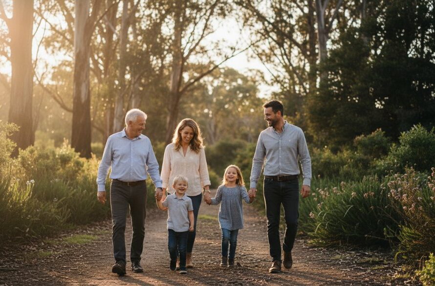 An epic moment of a multi-generational family, bathed in warm golden hour light, laughing genuinely together in a scenic Moe park, showcasing Moe Victoria family photography capturing genuine joy.