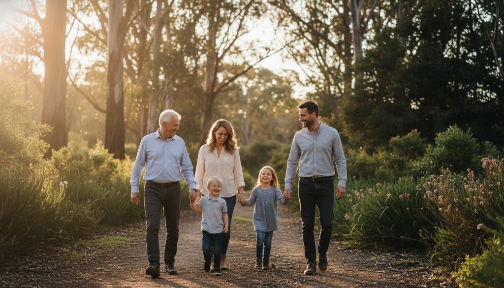 An epic moment of a multi-generational family, bathed in warm golden hour light, laughing genuinely together in a scenic Moe park, showcasing Moe Victoria family photography capturing genuine joy.