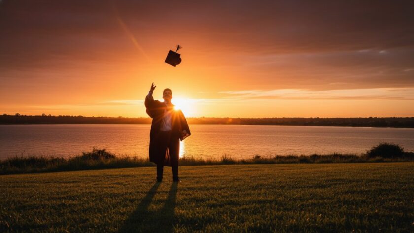 A jubilant graduate in cap and gown in Moe, Victoria, throws their mortarboard into the air against a golden sunset, celebrating their achievement. This epic moment exemplifies professional Moe Victoria graduation photography timeless keepsakes, with the university building in the background.