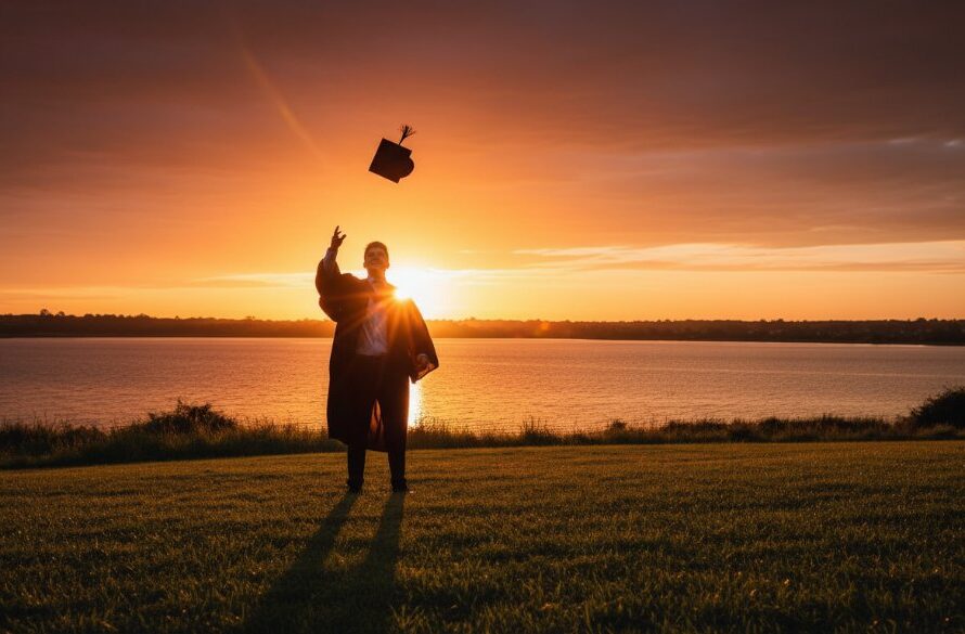 A jubilant graduate in cap and gown in Moe, Victoria, throws their mortarboard into the air against a golden sunset, celebrating their achievement. This epic moment exemplifies professional Moe Victoria graduation photography timeless keepsakes, with the university building in the background.