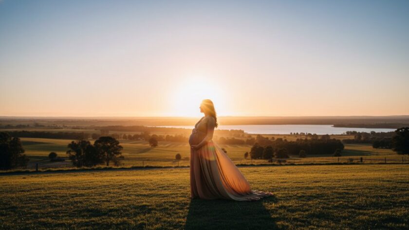 A breathtaking wide shot capturing a pregnant woman in a flowing gown, silhouetted against a dramatic sunset over the rolling hills near Lake Narracan, embodying Moe Victoria outdoor maternity photography with golden light.