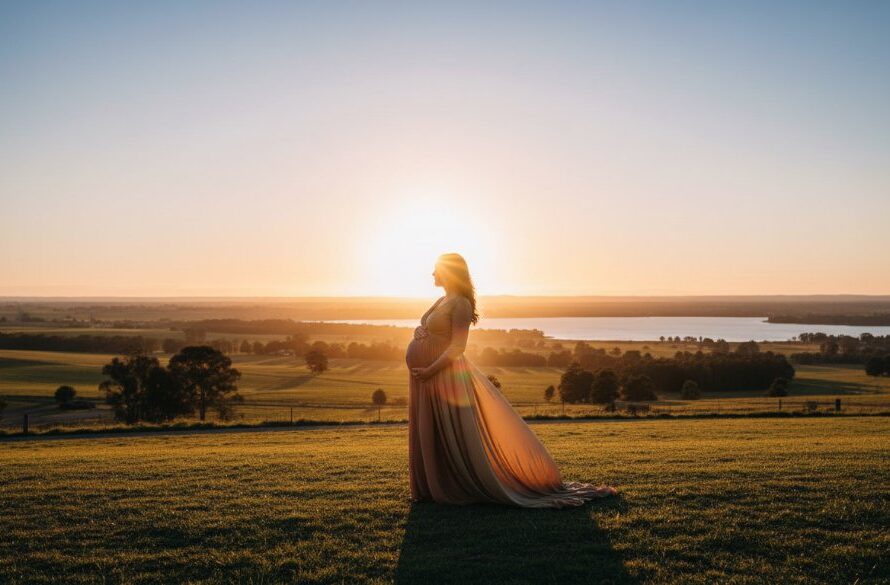 A breathtaking wide shot capturing a pregnant woman in a flowing gown, silhouetted against a dramatic sunset over the rolling hills near Lake Narracan, embodying Moe Victoria outdoor maternity photography with golden light.