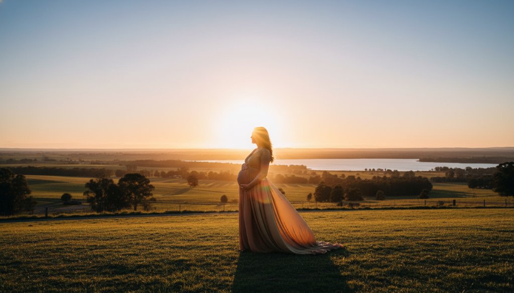 A breathtaking wide shot capturing a pregnant woman in a flowing gown, silhouetted against a dramatic sunset over the rolling hills near Lake Narracan, embodying Moe Victoria outdoor maternity photography with golden light.