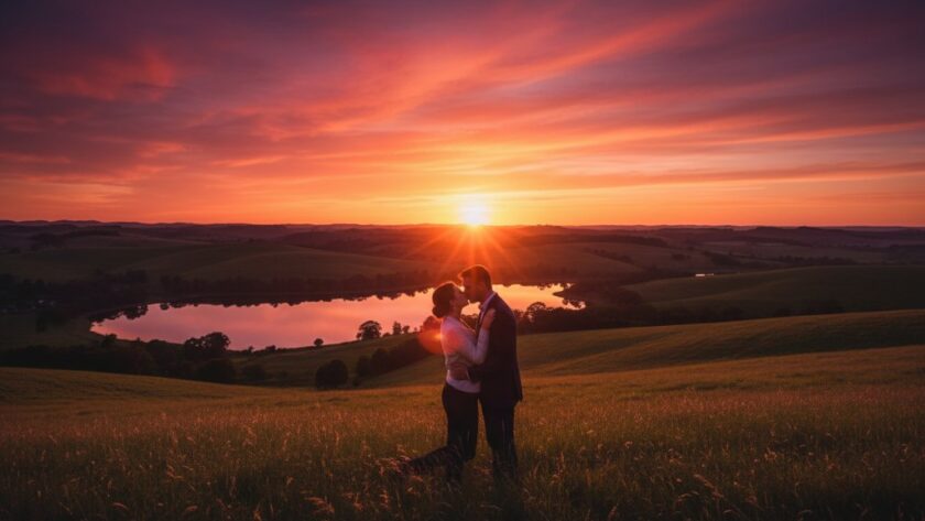 A couple shares a tender, intimate kiss amidst the golden hour glow of a natural landscape in Moe, Victoria, capturing Moe Victoria pre-wedding photoshoot stunning moments with professional, dramatic lighting.