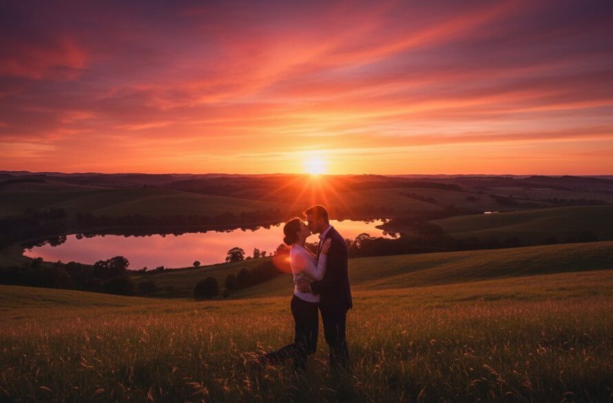 A couple shares a tender, intimate kiss amidst the golden hour glow of a natural landscape in Moe, Victoria, capturing Moe Victoria pre-wedding photoshoot stunning moments with professional, dramatic lighting.