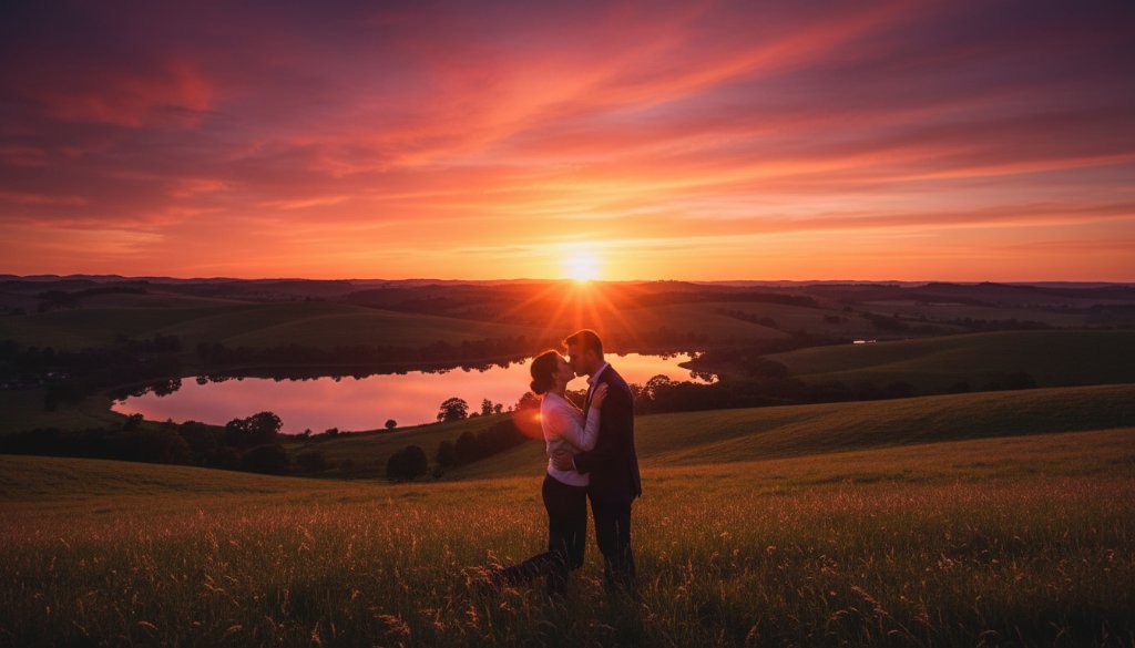 A couple shares a tender, intimate kiss amidst the golden hour glow of a natural landscape in Moe, Victoria, capturing Moe Victoria pre-wedding photoshoot stunning moments with professional, dramatic lighting.