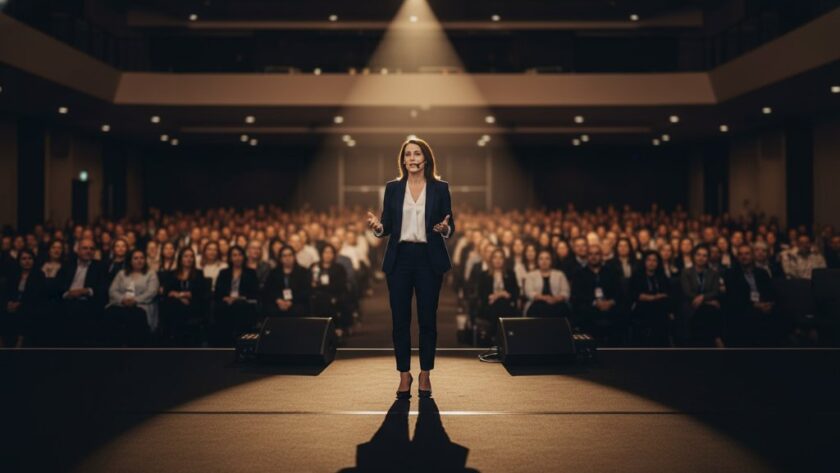 Dramatic wide-angle shot of a confident business professional receiving an award on stage in a modern, well-lit conference hall in Moe, Victoria, representing Moe Victoria professional corporate headshots for local businesses, with the focus on genuine joy and achievement, professional lighting, cinematic style.