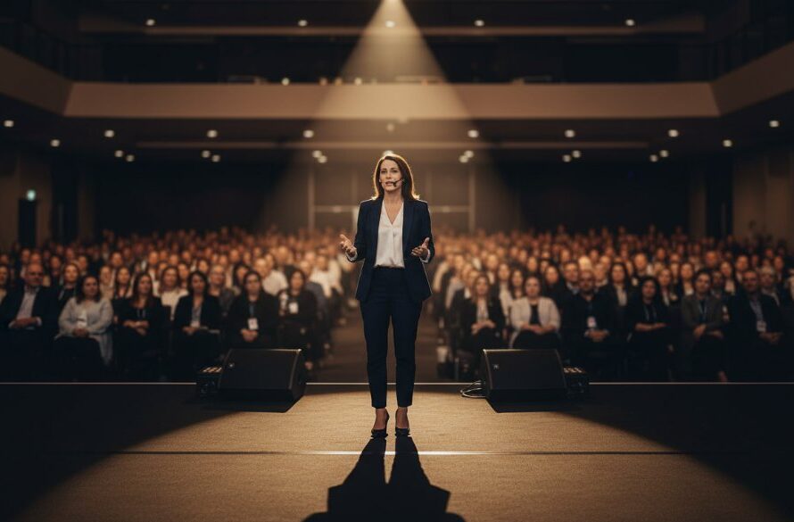 Dramatic wide-angle shot of a confident business professional receiving an award on stage in a modern, well-lit conference hall in Moe, Victoria, representing Moe Victoria professional corporate headshots for local businesses, with the focus on genuine joy and achievement, professional lighting, cinematic style.
