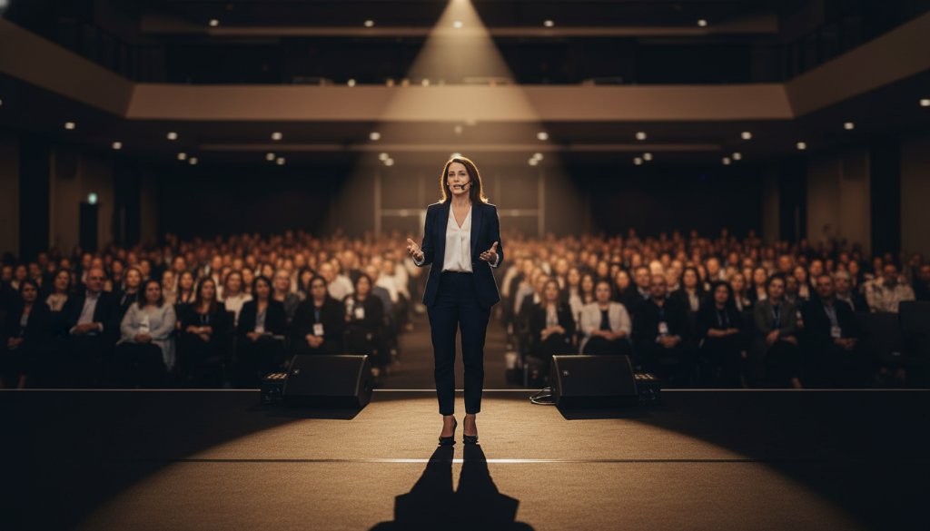 Dramatic wide-angle shot of a confident business professional receiving an award on stage in a modern, well-lit conference hall in Moe, Victoria, representing Moe Victoria professional corporate headshots for local businesses, with the focus on genuine joy and achievement, professional lighting, cinematic style.