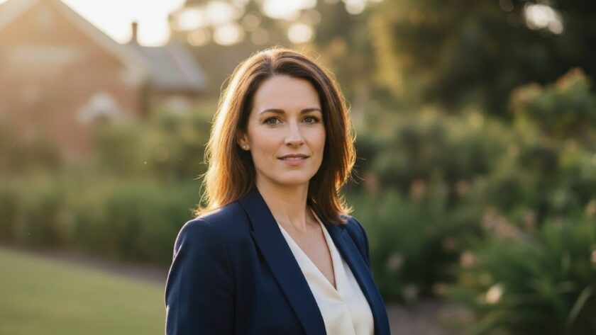 A confident professional in Moe, Victoria, posing for a captivating headshot at sunset near the Moe Botanic Gardens, exuding charisma and ambition, representing exceptional Moe Victoria professional headshots for career growth.