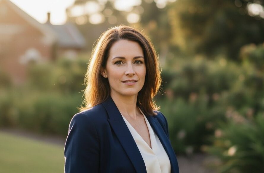 A confident professional in Moe, Victoria, posing for a captivating headshot at sunset near the Moe Botanic Gardens, exuding charisma and ambition, representing exceptional Moe Victoria professional headshots for career growth.