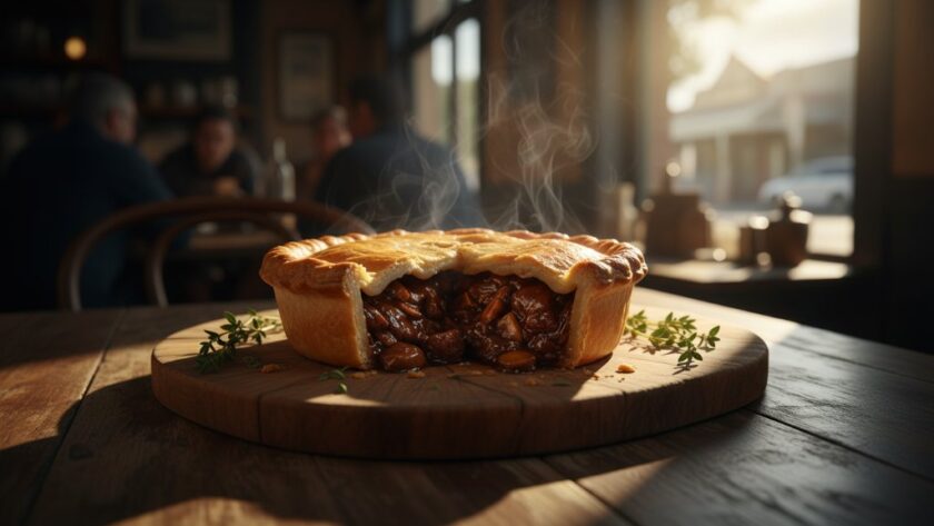 Dramatic close-up of a perfectly plated gourmet dish, steam gently rising from a vibrant gnocchi served in a rustic Moe Victoria restaurant, illuminated by a warm, golden sunset light, showcasing Moe Victoria restaurant food photography that captures flavour with intense detail and inviting textures.