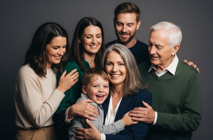 An epic moment captured in a professional studio photograph of a Moe Victoria family. A multi-generational family (grandparents, parents, and two children) laughing joyfully, surrounded by warm, soft studio lighting. The grandparents are embracing the children, while the parents look on with affection. The composition is warm and intimate, focusing on genuine connection, making it a perfect example of Moe Victoria studio photography for timeless family heirlooms.