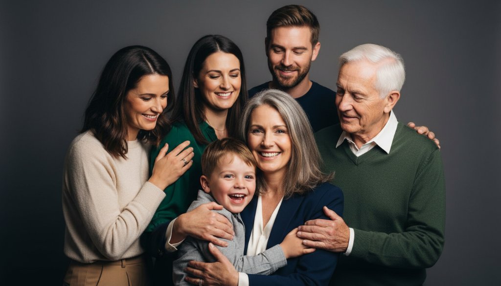 An epic moment captured in a professional studio photograph of a Moe Victoria family. A multi-generational family (grandparents, parents, and two children) laughing joyfully, surrounded by warm, soft studio lighting. The grandparents are embracing the children, while the parents look on with affection. The composition is warm and intimate, focusing on genuine connection, making it a perfect example of Moe Victoria studio photography for timeless family heirlooms.