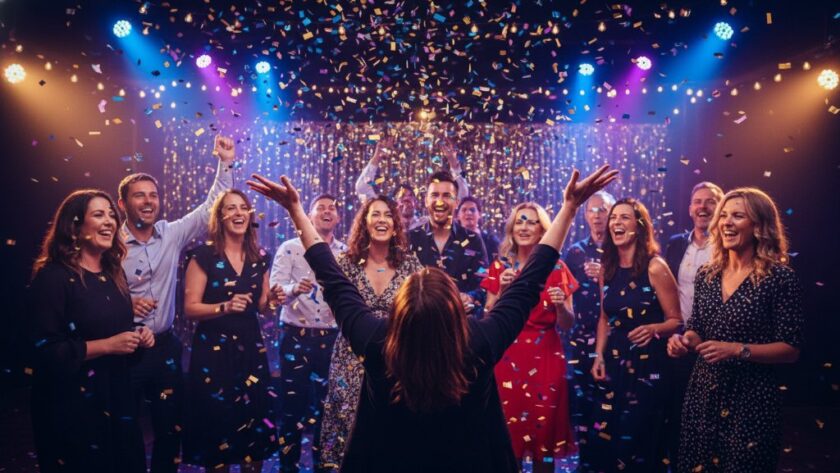 A dynamic, wide-angle shot capturing Moe Victoria vibrant party photography moments, featuring guests laughing and dancing under a shower of confetti with dramatic, colourful lighting, highlighting genuine joy and energy.