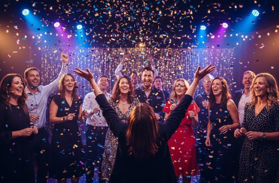 A dynamic, wide-angle shot capturing Moe Victoria vibrant party photography moments, featuring guests laughing and dancing under a shower of confetti with dramatic, colourful lighting, highlighting genuine joy and energy.