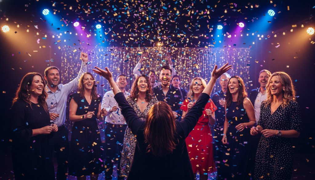 A dynamic, wide-angle shot capturing Moe Victoria vibrant party photography moments, featuring guests laughing and dancing under a shower of confetti with dramatic, colourful lighting, highlighting genuine joy and energy.