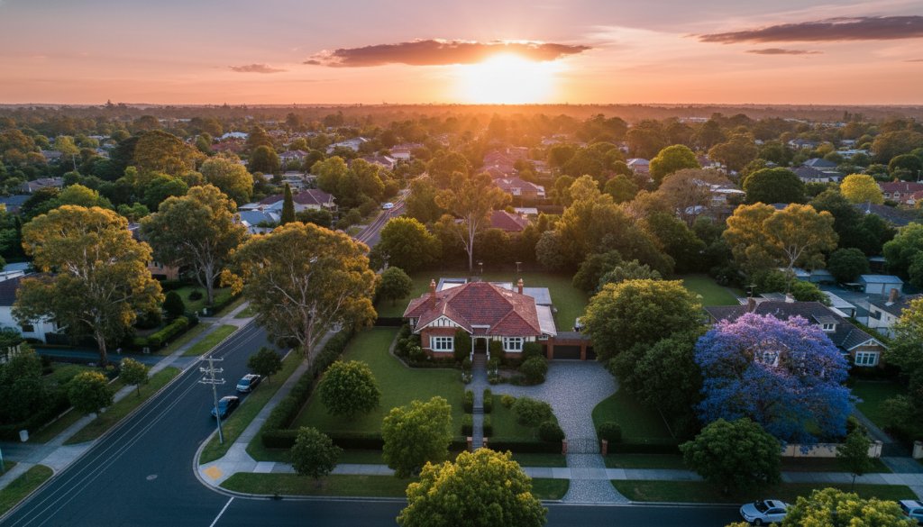 An epic, dramatic drone photograph showcasing the serene leafy streets of Mont Albert at sunset, with a golden glow over a prominent heritage building, expertly captured by Mont Albert drone photography for breathtaking aerial views, highlighting its unique architectural charm.