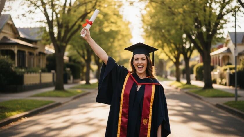 A proud graduate in academic regalia, beaming with joy and holding a rolled-up scroll, captured during a Mont Albert graduation photoshoot celebrating achievements, with the elegant tree-lined streets of Mont Albert in the background, bathed in golden hour light. The image is a professional, color-graded, cinematic photograph with a shallow depth of field, emphasizing the graduate's triumph.