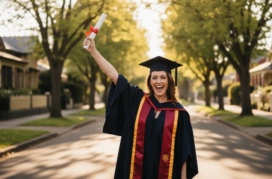 A proud graduate in academic regalia, beaming with joy and holding a rolled-up scroll, captured during a Mont Albert graduation photoshoot celebrating achievements, with the elegant tree-lined streets of Mont Albert in the background, bathed in golden hour light. The image is a professional, color-graded, cinematic photograph with a shallow depth of field, emphasizing the graduate's triumph.