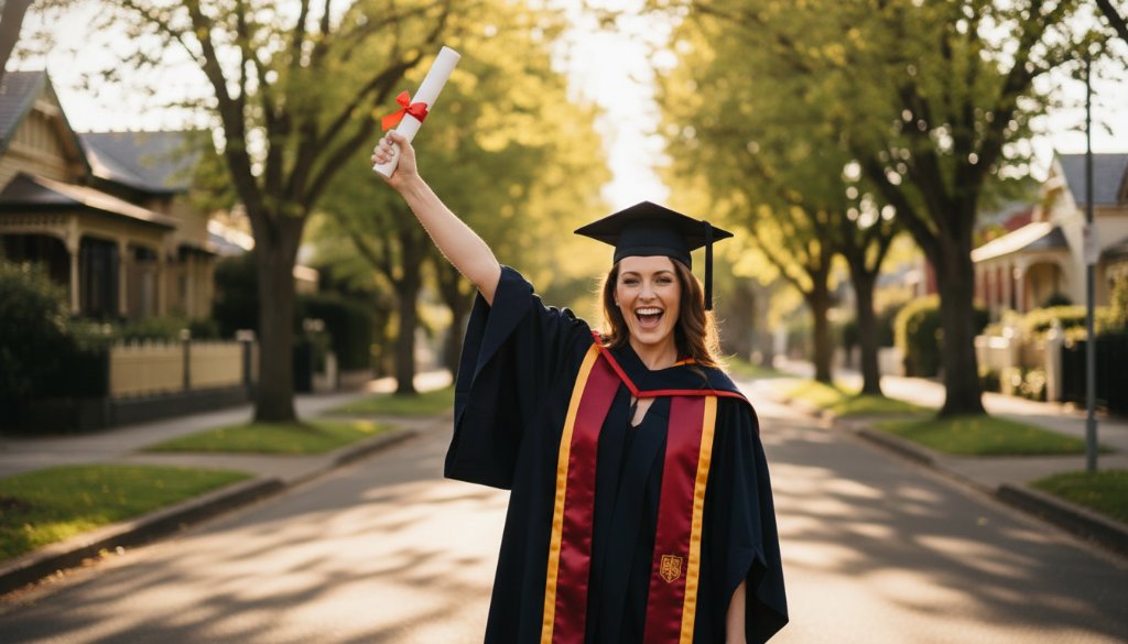 A proud graduate in academic regalia, beaming with joy and holding a rolled-up scroll, captured during a Mont Albert graduation photoshoot celebrating achievements, with the elegant tree-lined streets of Mont Albert in the background, bathed in golden hour light. The image is a professional, color-graded, cinematic photograph with a shallow depth of field, emphasizing the graduate's triumph.