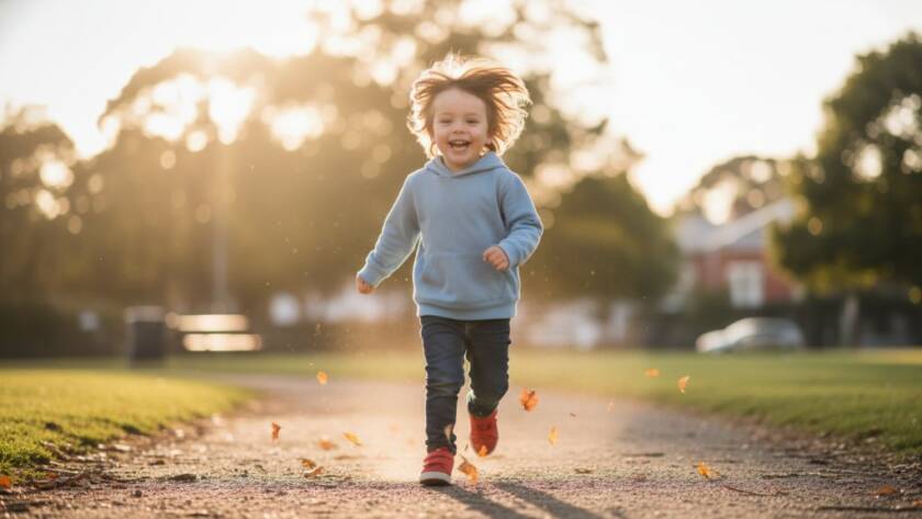 A breathtaking, professional photograph capturing a genuine childhood moment: a young child laughing joyously amidst golden afternoon light in a Mont Albert park, with autumn leaves scattering around them, highlighting the magic of Mont Albert kids photography capturing genuine childhood moments.