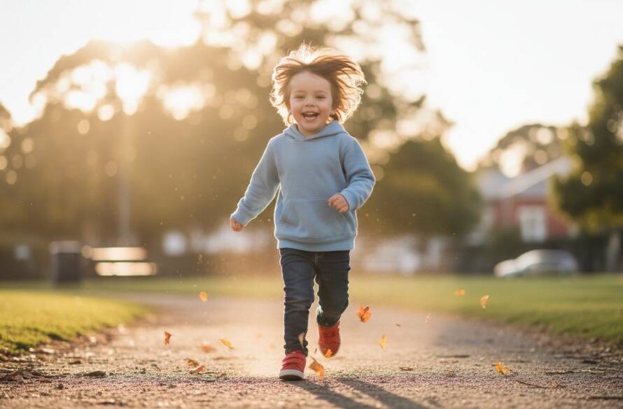 A breathtaking, professional photograph capturing a genuine childhood moment: a young child laughing joyously amidst golden afternoon light in a Mont Albert park, with autumn leaves scattering around them, highlighting the magic of Mont Albert kids photography capturing genuine childhood moments.