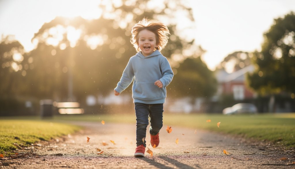 A breathtaking, professional photograph capturing a genuine childhood moment: a young child laughing joyously amidst golden afternoon light in a Mont Albert park, with autumn leaves scattering around them, highlighting the magic of Mont Albert kids photography capturing genuine childhood moments.