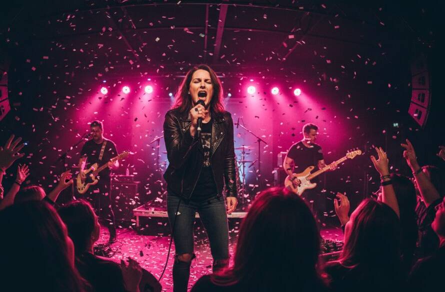 A wide shot capturing an electrifying stage moment at a live music concert in Mont Albert, Victoria, showcasing a lead guitarist mid-shred with dramatic red and blue stage lighting, a passionate crowd silhouetted in the foreground, and the vibrant energy of Mont Albert live music photography.